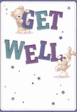This whimsical get well card beams with optimism and cheer, its vibrant scene featuring a plush teddy bear and a floppy-eared puppy each interacting joyfully with bold, colourful letters spelling out 'Get Well.' Shades of indigo and teal in the text leap against a soft white background, mirroring the lively charm of Ruislip's local florists. Starry bursts of purple and blue, scattered across the card like confetti on Ickenham Green, lend a magical, hopeful touch. The illustrated fur of both bear and pup appears so soft and welcoming-evoking the sense of a comforting embrace, much like the feeling of receiving a carefully hand-tied bouquet on a healing day. The gentle expressions on their faces, united with playful energy and intent, communicate a heartfelt wish for recovery and reassurance familiar to Ruislip's inviting neighbourhoods. Every detail, from the confident lettering to the joyful interplay of characters, infuses the card with a therapeutic gentleness-the kind of message that brightens spirits, especially when delivered alongside the fresh floral scents of a trusted local shop.